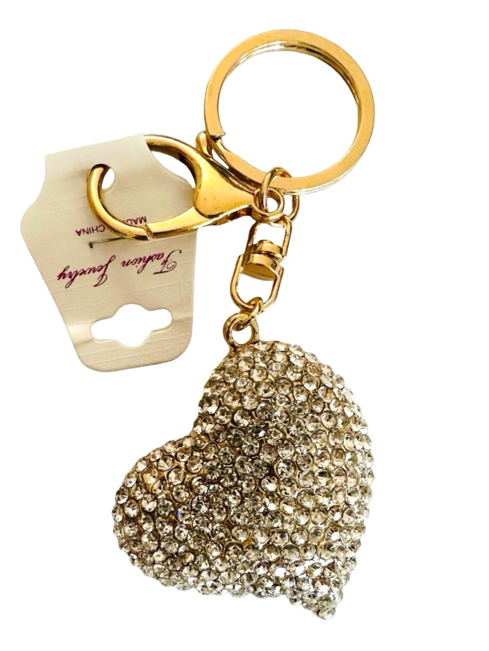 Gold-tone Jeweled Heart Keychain Ring Handbag Charm 4.5” Luxury